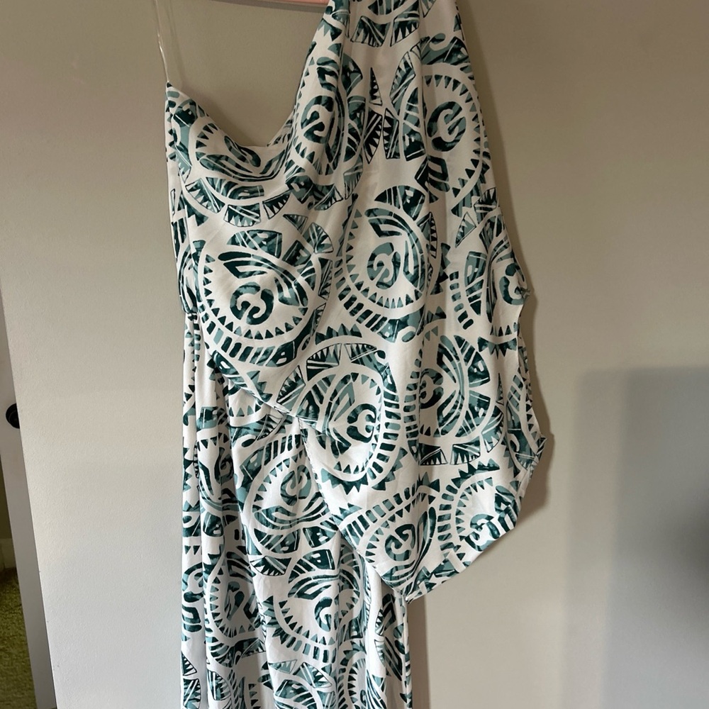 Tyche White Dress with Teal Geometric Print NWOT